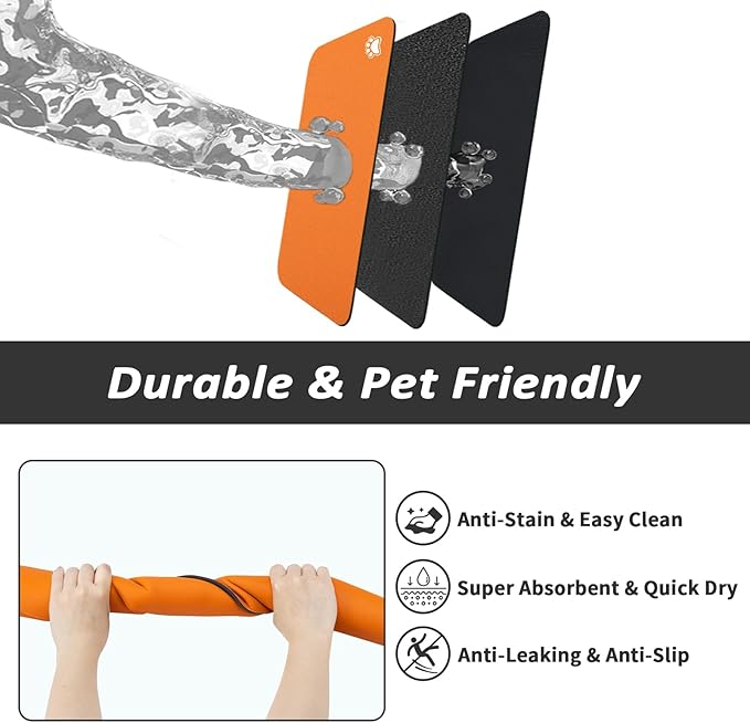 Pet Feeding Mat - Absorbent Dog Mat for Food and Water, No Stains Cat Bowl Mat, Easy to Clean Pet Placemats, Quick Dry Dog Water Dispenser Mat for Messy Drinkers | Paw Orange 18"x34"