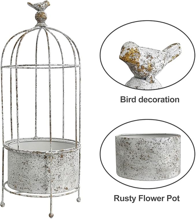 Rustic Vintage Birdcage Planter on Stand Farmhouse Distressed Decorative Metal Round Plants Holder Flower Pot with Latch Lock Closure for Garden Patio Yard Home Outdoor Balconies Decor