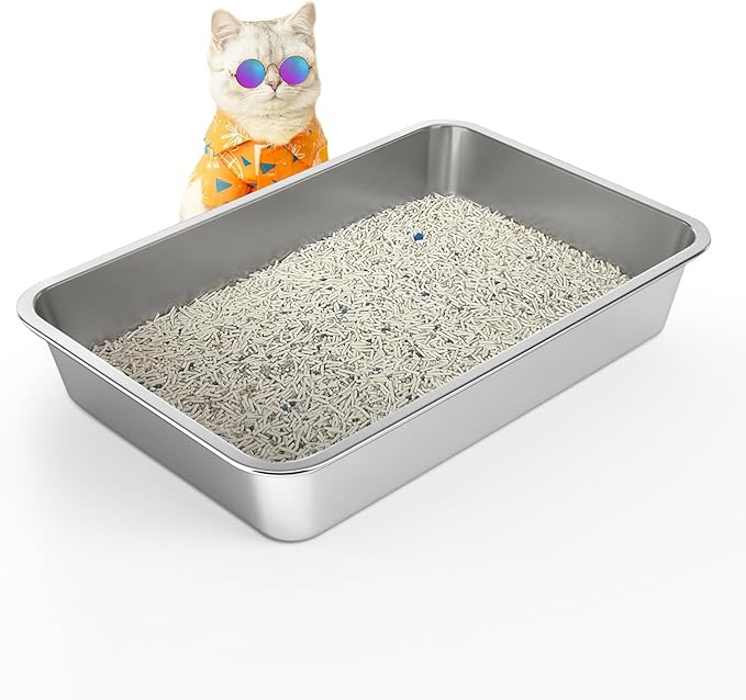 Stainless Steel Cat Litter Box, 4in Shallow Litter Box for Senior Cats and Kittens, Large Metal Litter Pan Nonstick Odor Control Anti-Corrosion