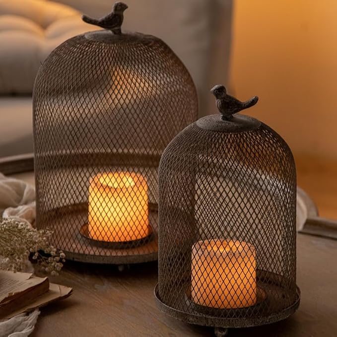 Birdcage Candle Holder Antique Metal Bird Cages Decor, Vintage Lantern Centerpiece for Wedding Home Table Decorative, Iron Candleholder Set of 2 (12.9" & 10.7")
