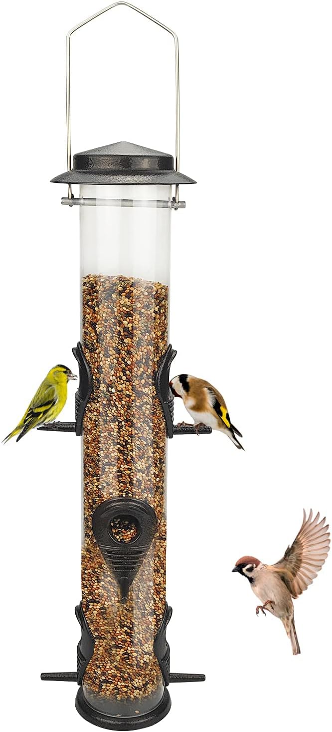MIXXIDEA Metal Wild Bird Feeders, Squirrel Proof, Hanging 6 Port Tube Transparent Finch Feeders for Attracting Birds in Your Lawn, Garden, Balcony Coffee