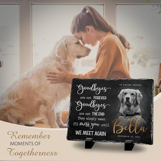 Custom Rectangular Memorial Stone - 'Goodbyes are Not Forever' - Dog House Outdoor Garden Decor, Photo Design - Meaningful Gifts for Cat Lovers Mourning a Pet