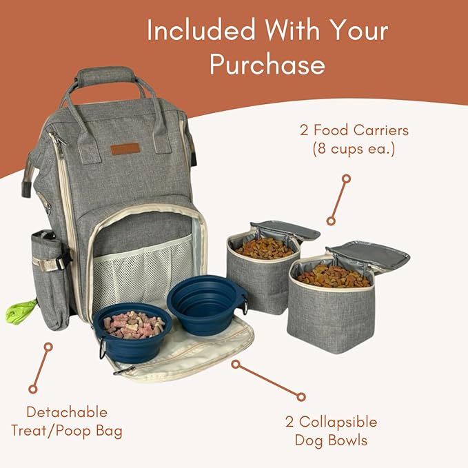 Tito's Closet Dog Travel Bag Includes Pet Travel Accessories 2-Pack Travel Bowl, 2 Dog Food Containers, Treat Bag (Gray), DB2024