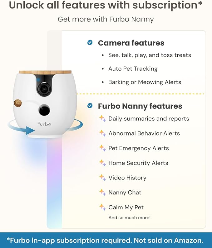 Furbo Mini 360° New 2K QHD Pet Camera - Unlock Smart Camera & Smart Features w/Paid Plan: Dog & Cat Safety Alerts, Rotating Treat Dispenser w/Speaker (Subscription Required, Low Risk 3mo Minimum)