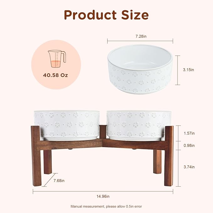 SPUNKYJUNKY Ceramic Dog Bowls with Acacia Wood Stand - Raised Dog Food and Water Bowl Set for Small to Medium Dogs (18.5cm)