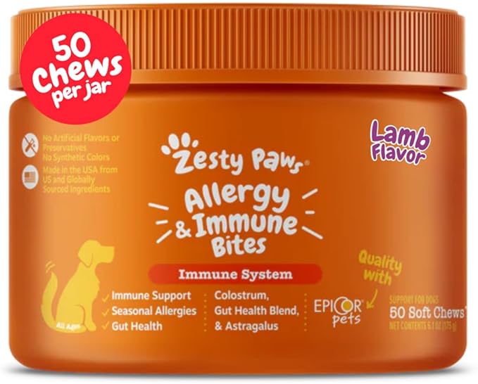 Zesty Paws Dog Allergy Relief Chews, Dog Probiotics for Itchy Skin and Ears, Lamb, 50ct