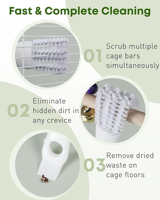 Pawfly 3 Pcs Bird Cage Cleaner Brush with Shovel, 2-in-1 Bird Cage Cleaning Brush Set, Bird Poop Remover for Perches, Kennels & Small Animal Cages, Bird Cage Accessories, Bird Droppings Removal Brush