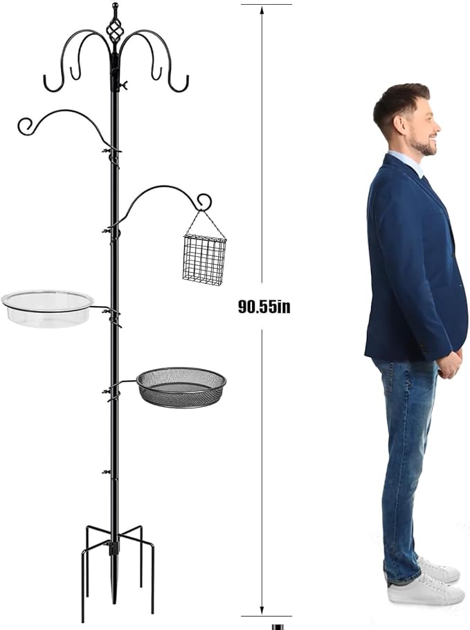 Bird Feeding Station, 90.55in 6-Hook Wild Bird Feeder Stand Pole with Water & Mesh Tray Humming Bird Feeders for Outdoors Easy Assembly for Courtyards Gardens (Black)