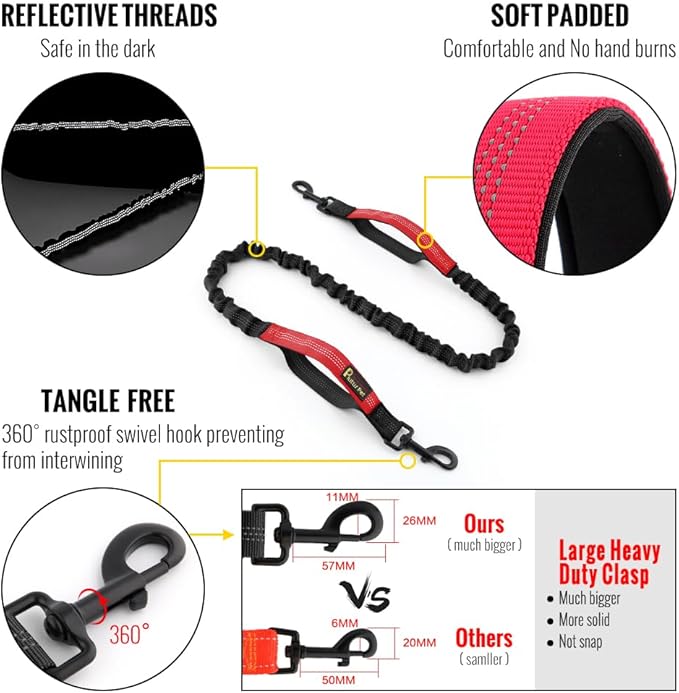 Plutus Pet Hands Free Dual Handle Retractable Bungee Leash with Reflective Stitches, Adjustable Waist Leash for Dog Walking Running Jogging, Medium Large Dogs