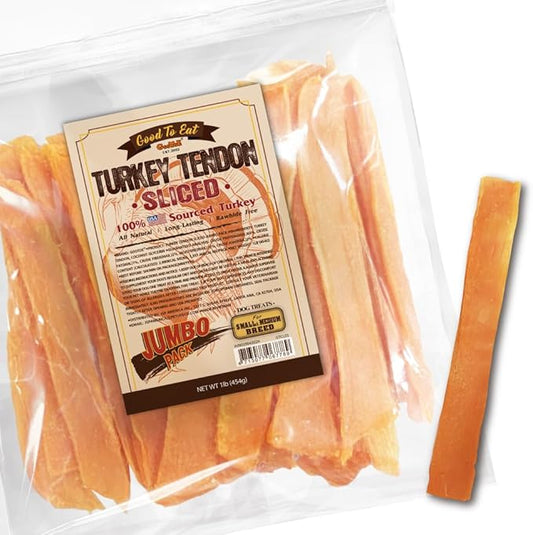 Gootoe Turkey Tendon Dog Treats, Sliced (M) 1 lb, USA-Sourced Turkey Tendon, Natural Snack, Premium Puppy Chews, Hypoallergenic, Rawhide Free, Reseal Value Bags, Sizes for Medium Dogs