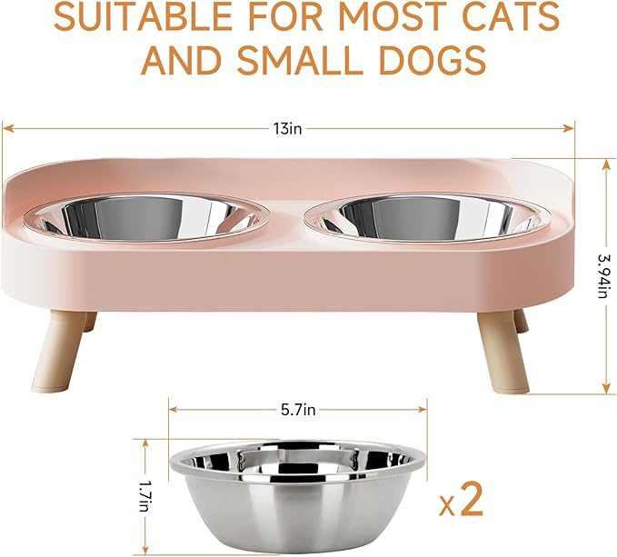 Elevated Cat Bowl, Raised Cat Food and Water Bowl Set for Indoor Cats, Splash Proof with 2 Stainless Steel Pet Food Bowls for Cats and Puppies, Whisker Fatigue and Dishwasher Safe - Pink