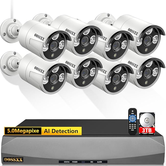 OOSSXX (HD 2.7K 5.0MP with Audio Outdoor Wired Security Camera Systems PoE Outdoor Surveillance Video System