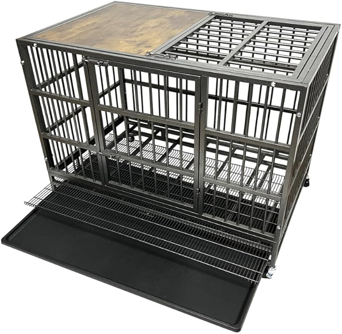 38" Furniture Dog Crate for Large Dogs, Heavy Duty Dog Kennel Indoor with Removable Crate Trays, Wheels and Stylish Wooden Top, Extra Large XL XXL Dog Cage