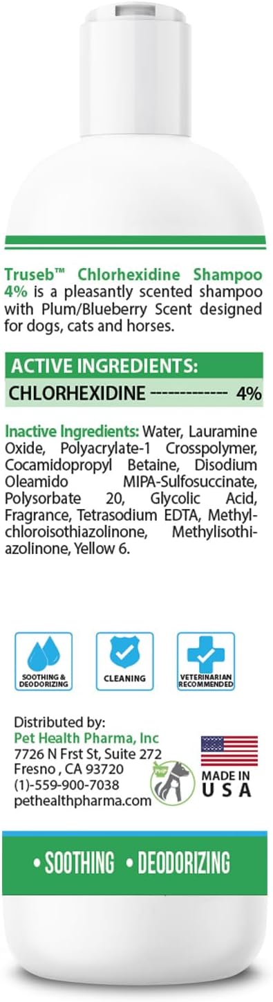 Truseb Topical Chlorhexidine 4% Shampoo for Dogs, Cats, and Horses with Plum/Blueberry Scent - 12 oz - Made in U.S.A (Chlorhexidine 4% Shampoo, 12 oz)