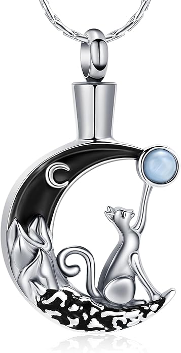constantlife Cat Moon Urn Necklace for Women Pet Cremation Jewelry for Ashes Stainless Steel Pendant Funeral Keepsake Loved Ones Memorial Gift