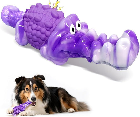 Squeaky Dog Chew Toys for Aggressive Chewers - Tough Crocodile Chew Toy for Small Medium Large Dogs, Dental Cleaning & Anxiety Relief, Boredom Buster (Purple)