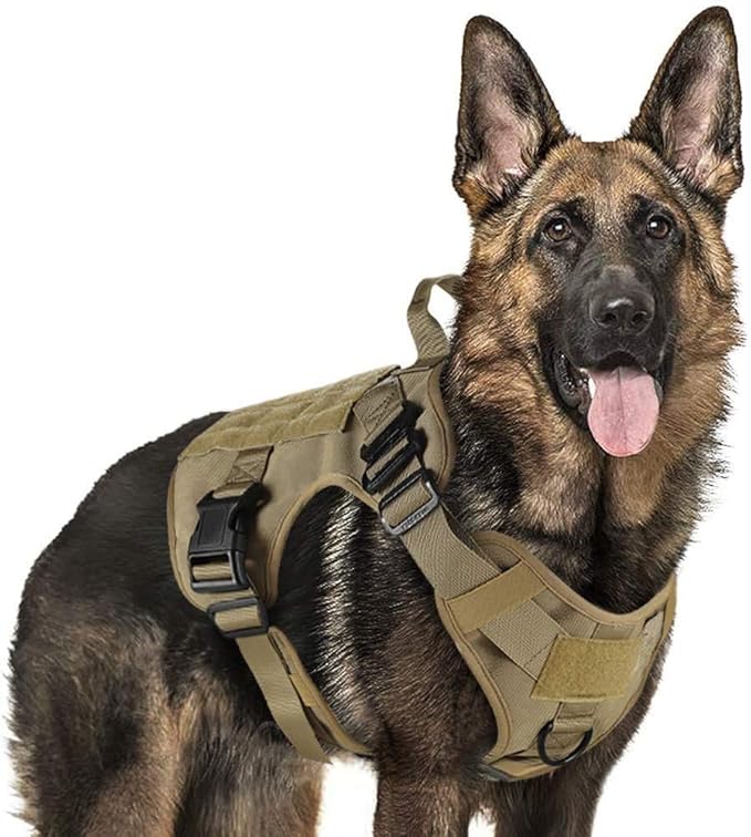 rabbitgoo Tactical Dog Harness for Large, Heavy Duty Pet Harness with Handle, No-Pull Service Vest Large Breed, Adjustable Military Dog Vest for Training Hunting Walking, Brown, XL
