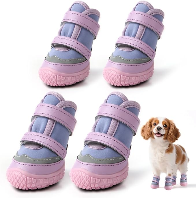 Dog Shoes for Small Dogs, Breathable Dog Boots Paw Protector for Hot Pavement Winter Snow, Dog Booties with Reflective Strips Rugged Anti-Slip Sole for Hardwood Floors Outdoor Walking Purple Size 1