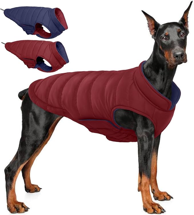 QBLEEV Reversible Dog Coat, Winter Warm Snowproof Dog Puffer Vest for Large Dogs Cold Weather, Windproof Lightweight Padded Jacket Snowsuit, Adjustable Outdoor Clothes for Great Dane, Wine Red, XXXL
