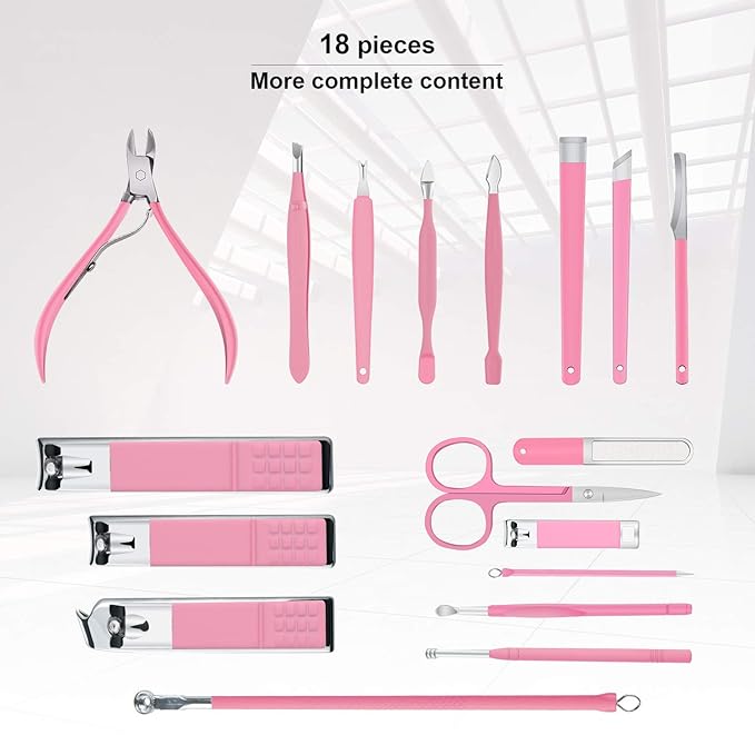Manicure Set Professional Nail Clippers Kit Pedicure Care Tools- Stainless Steel Women Grooming Kit 18Pcs for Travel or Home (Pink)