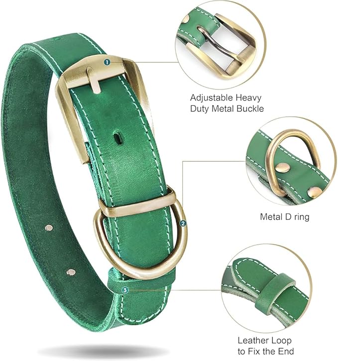 Didog Genuine Leather Dog Collars with Engraved Nameplate, Personalized Soft Leather Dog Collar with Custom ID Tag, Brown/Green/Red for Medium Large Dogs (XL,Green)