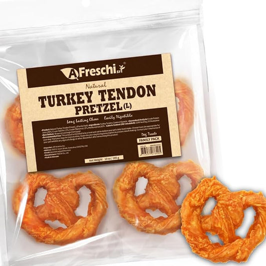 AFreschi Turkey Tendons for Dogs, USA-Sourced, Healthy Dog Treats, Rawhide-Free Puppy Chews, Long Lasting, All Natural, Hypoallergenic Dog Treats for Large Breeds, 10 oz Pack Pretzel (L)