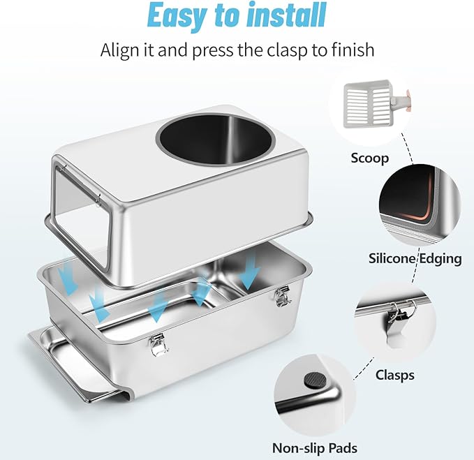 Stainless Steel Litter Box with Pull-Out Drawer, 23.6"L x 15.8"W x 15.8"H Enclosed Metal Cat Litter Box Tray with High Sides, Scoop, Filter Pedal, Top & Side Entry, Non-Sticky, Easy Cleaning