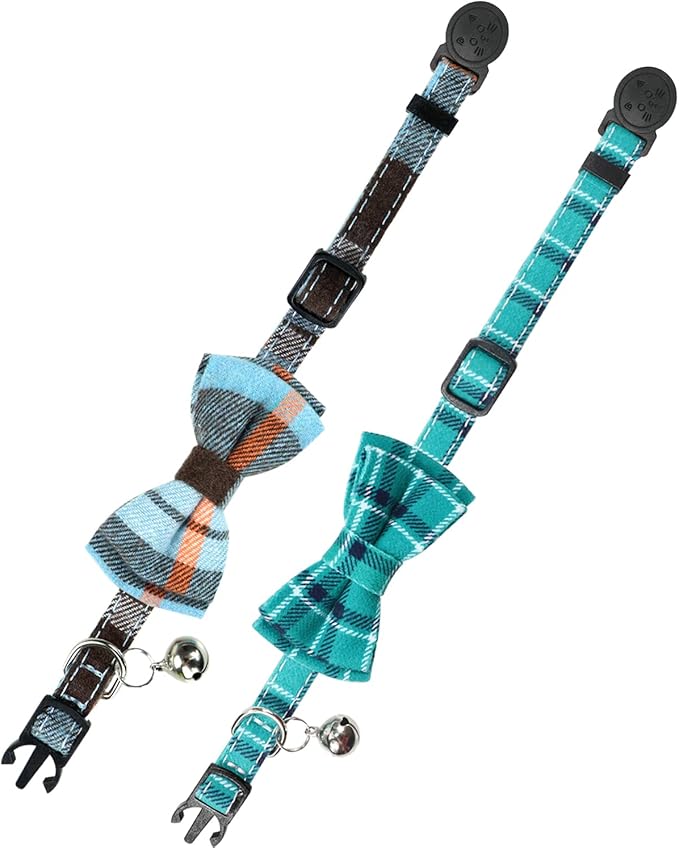 Joytale Upgraded Cat Collar with Bells, Breakaway Cat Collars with Bow Tie, 2 Pack Girl Boy Safety Plaid Kitten Collars, Haze Blue+Teal