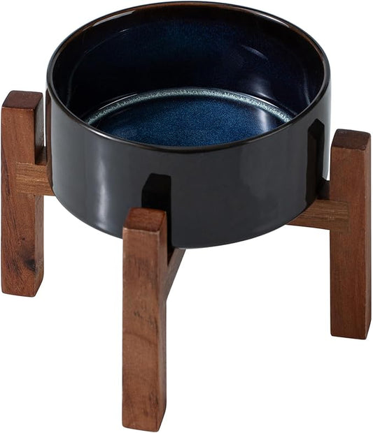 Ceramic 6.1inch Raised Dog and Cat Bowl Set, 2 Heights Elevated Wooden Stand for Small Breed Dogs, Weighted Pet Food and Water Dishes(6.1'',28.7oz, Starry Sky)
