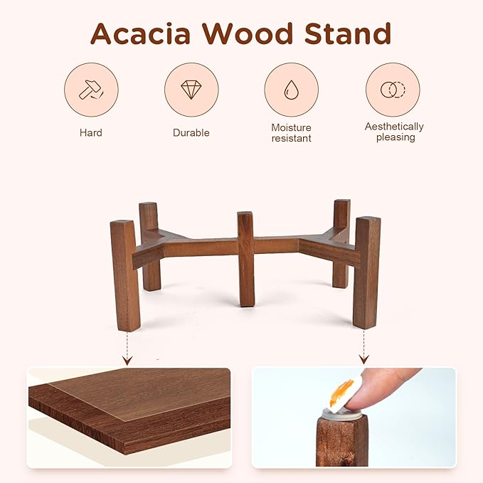 SPUNKYJUNKY Ceramic Dog Bowls Dog Bowl Set with Acacia Wood Stand Raised Dog Bowl Dog Food and Water Bowl for Small Medium Sized Dog (Deep, 15.5cm)