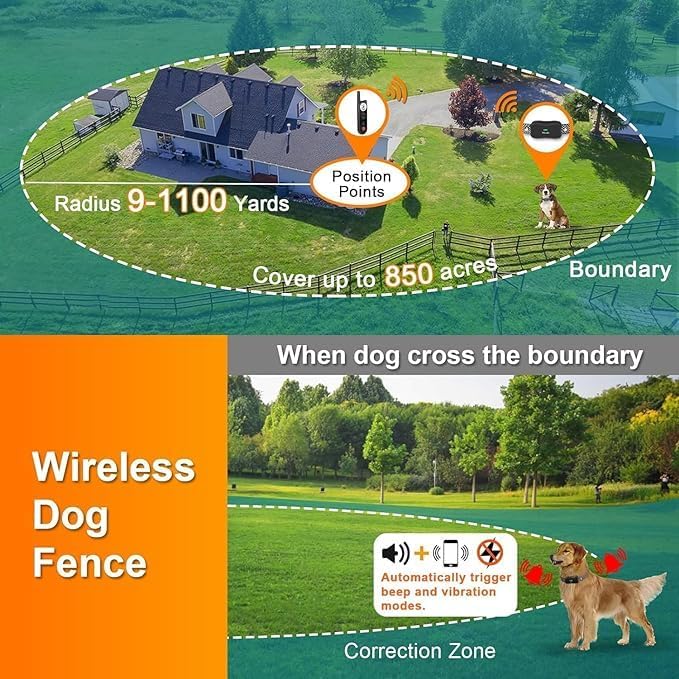 X3 Wireless Dog Fence 3500FT Fence and 6100FT Remote Training Collar, 185 Days Rechargeable Battery - IPX7 Waterproof Collar, Vibrate/Beep/Shock Modes for All Dogs, Black