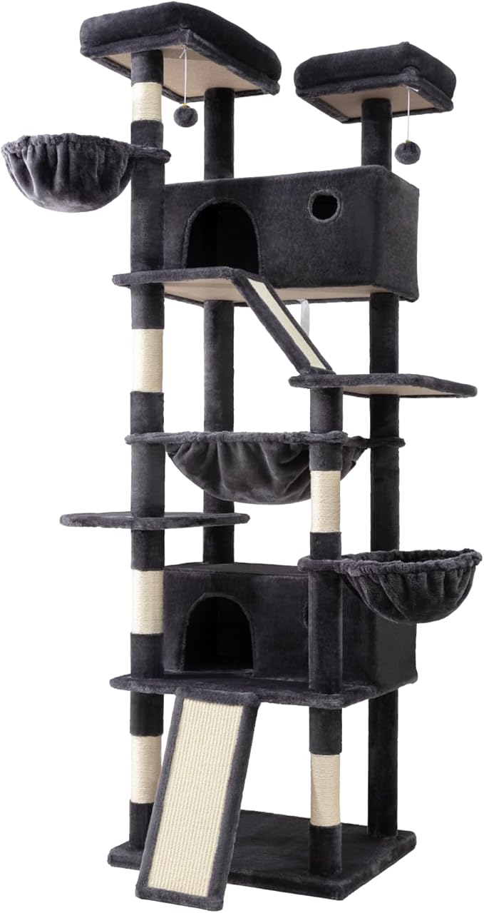SHA CERLIN 81in Multi-Level Tall Cat Tree Tower for Indoor Kitties/Larger Cat Condo Furniture with Hammock/Cozy Pussycat Perches/Sisal Scratching Posts/Pet House/Wide Base/Dark Grey