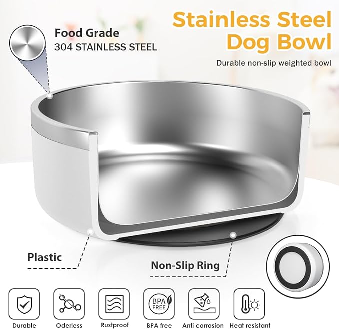 IKITCHEN Dog Bowl for Food and Water, 40 Oz Stainless Steel Pet Feeding Bowl, Durable Non-Skid Double Wall Insulated Heavy Duty with Rubber Bottom for Medium Large Dogs (40 Ounces/5 Cup, White)