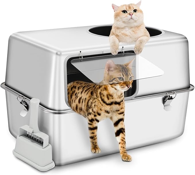Stainless Steel Litter Box, 23.6" L x 15.7" W x 15.7" H XXL Enclosed Metal with High Sides Cat Litter Box, Extra Large Cat Toilet with Scoop, Non-Sticky, Odor Free, Easy to Clean