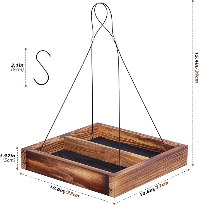 MIXXIDEA Bird Feeder Hanging Tray, Seed Tray Wooden Platform Hummingbird Feeder Hanging Tray Mesh Seed Platform for Garden Yard Outside Decoration Attracting for Wild Birds(Brown-1pk)