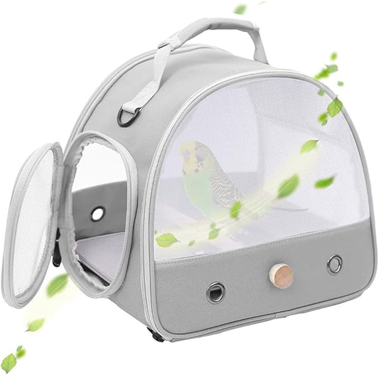 Bird Carrier, Portable Small Bird Parrot Parakeet Carrier with Standing Perch and Soft Support Mat, Side Access Window Collapsible (Grey, Mesh Windows)