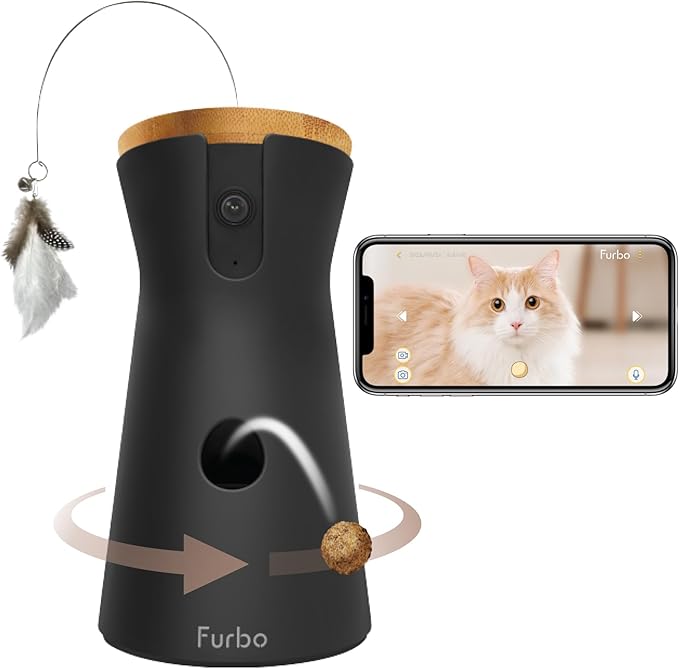 Furbo 360° Cat Camera: Pet Security Cam w/Meowing Alerts, Rotating View, Treat Toss w/Phone App, Smart Home Kitty Monitoring, 2-Way Speaker, No Subscription Needed. Standard See, Talk, & Toss Features