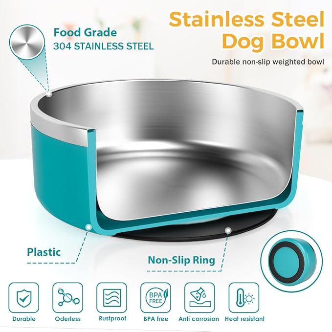 IKITCHEN Dog Bowl for Food and Water, 40 Oz Stainless Steel Pet Feeding Bowl, Durable Non-Skid Double Wall Insulated Heavy Duty with Rubber Bottom for Medium Large Dogs (40 Ounces/5 Cup, Lakeblue)