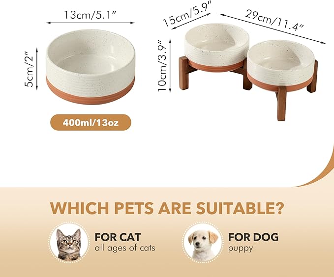 Ceramic 5.1inch Raised Double Bowls Set with Acacia Wood Stand, 2 Heights Elevated, Food & Water Bowls for Puppy, Kitty, Cats(13.5oz, Vanilla White)