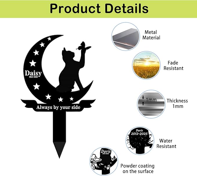 Custom Cat Grave Marker Cat Burial Stake, Personalized Butterfly Flowers Cat Memorial Garden Stake, Metal Cat Memorial Plaque for Outdoors, Customized Pet Headstone