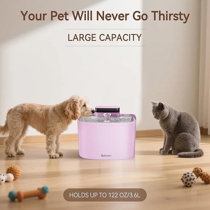 Cat Water Fountain, 122oz/3.6L Pumpless Cat Fountain, Cordless Water Fountains for Cats Indoor, Dog Pet Water Fountain Battery Operated with Stainless Steel Tray (Pink, Fountain+2 Fliters)