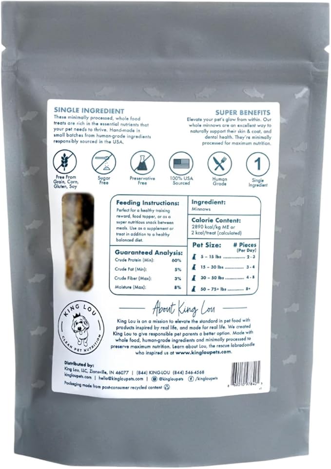 King Lou Pets - Whole Minnows for Cats and Dogs - Freeze Dried Minnows - USA-Made Freeze Dried Dog Treats and Cat Treats - Omega Rich for Skin and Coat Health - 1 lb Prior to Freeze-Drying