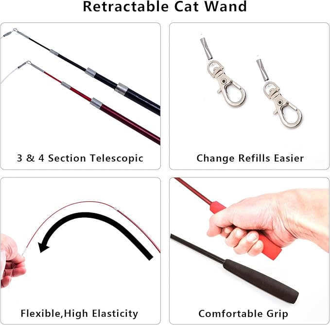 Interactive Cat Wand Toy Set – 2 Retractable Wands (38" & 50") with 11 Refills Attachments – Feather Toys, Plush Bird, Worms, Insect & Swallow – Cat Teaser Toys for Indoor Cats & Kittens