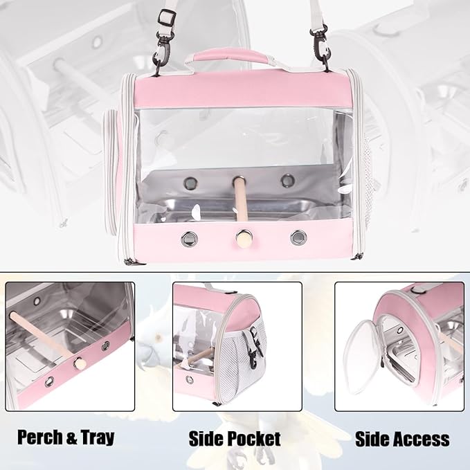 Long Tail Bird Travel Carrier Cage with Tray and Stand Perch, Portable Lightweight Clear Windows Carry Bag for Parakeet Budgies Cockatiel Transport to Vet (Pink, Cylinder Design - Clear)