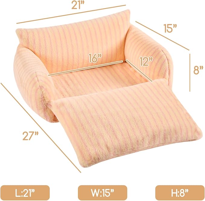 Hollypet Cat Bed Fluffy Plush Mutifuctional Double-Layer Soft Pet Couch Orthopedic Sofa Nest Beds for Small Cats and Dogs, Pink Stripes (21x15x8 inch)