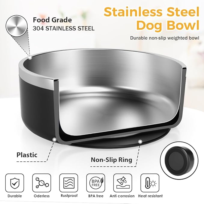 IKITCHEN Dog Bowl for Food and Water, 40 Oz Stainless Steel Pet Feeding Bowl, Durable Non-Skid Double Wall Insulated Heavy Duty with Rubber Bottom for Medium Large Sized Dogs (40 Ounces/5 Cup, Black)