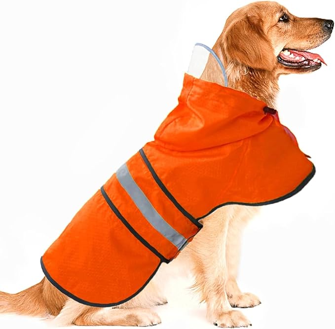 Dog Raincoat Waterproof Reflective Slicker - Lightweight Breathable Hooded Poncho Rain Coat Jacket with Adjustable Belly Strap and Leash Hole for Small Medium Large Dogs (Orange, XX-Large)