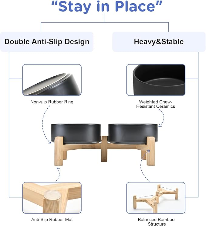 SPUNKYJUNKY Elevated Dog Bowls Ceramic, 5.1'' Dogs and Cat Food Water Bowls Raised with Non-Slip Bamboo Stand for Puppy Small Sized Breed Microwave Dishwasher Safe - 13.5 OZ,Black