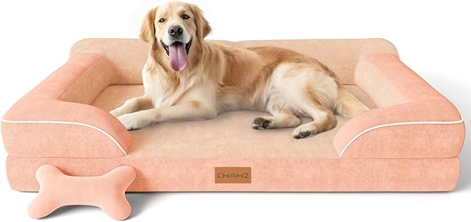 Extra Large Dog Bed, Orthopedic Dog Bed with Cooling Gel Memory Foam, Waterproof XL Pet Bed with Removable Washable Cover, 42" Pet Sofa Couch Dutch Velvet with Bone Toy, Peach Pink