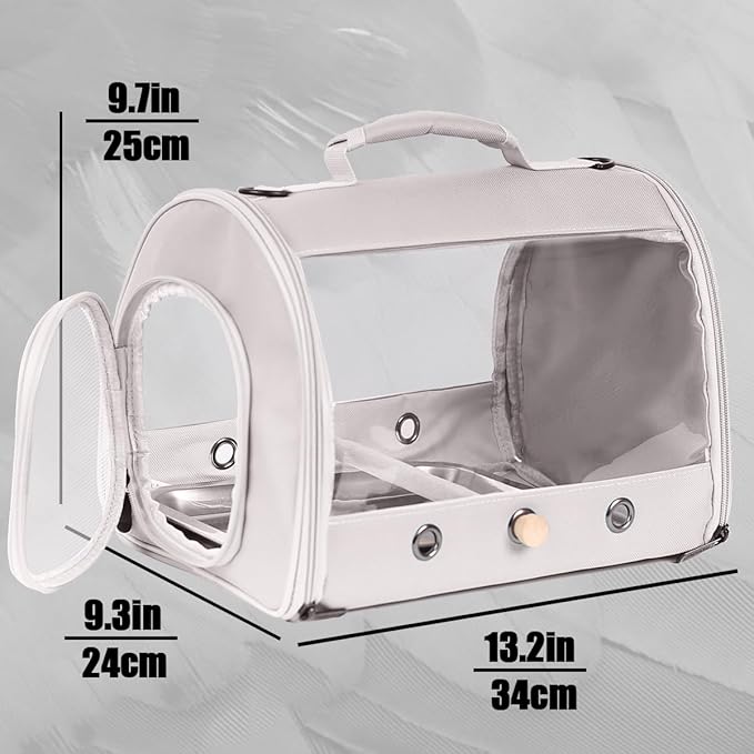 Small Bird Travel Carrier Cage for Long Tail Bird Parakeet Parrot, Includes Metal Tray Soft Mat and Wooden Standing Perch, Hands Free Lightweight Clear 2 Windows
